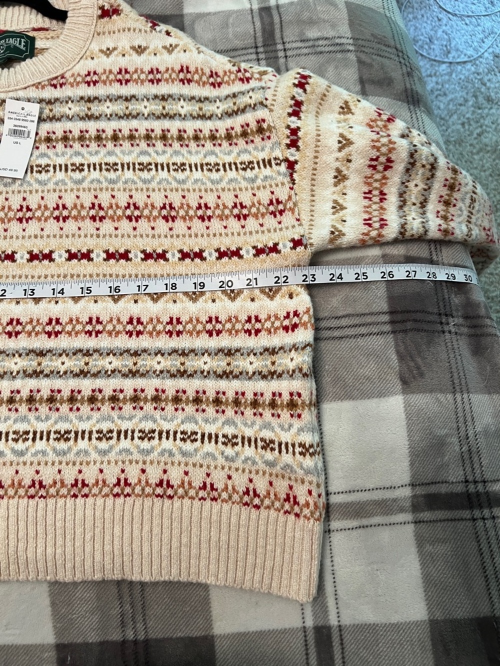 American Eagle Outfitters Cream Fair Isle Crew Sweater with Red and Tan Accents - Picture 4 of 5
